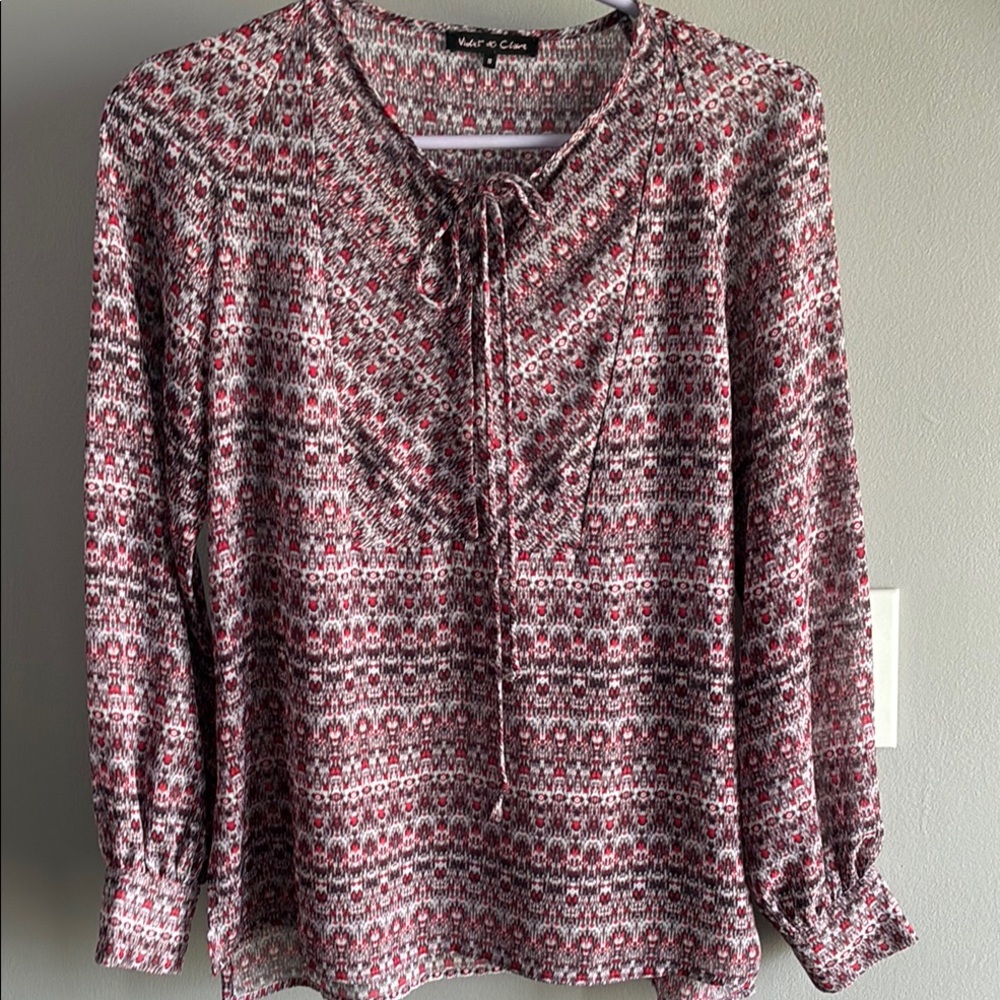 Valerie Stevens Pink and White Tie Front Blouse with Bib Collar